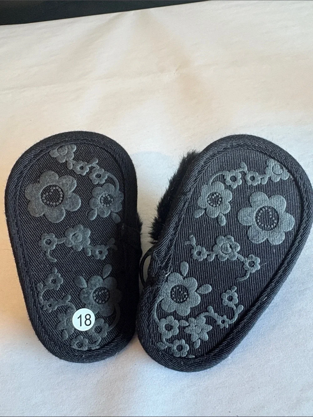 Black faux fur with silver tinsel newborn shoes